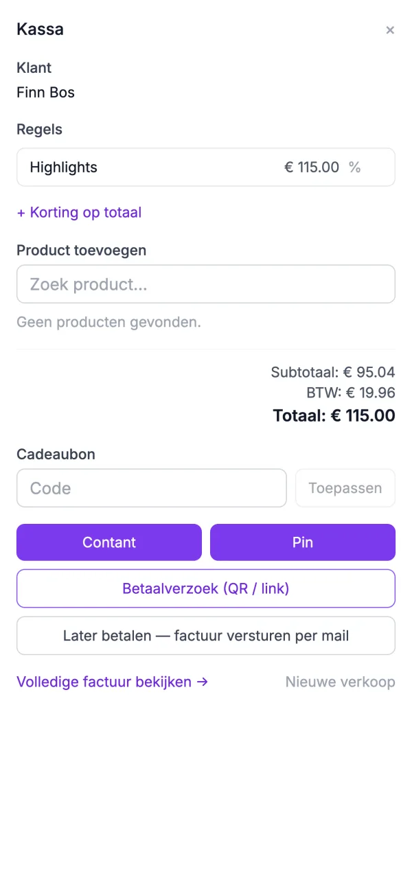 De kassa en een factuur in de app